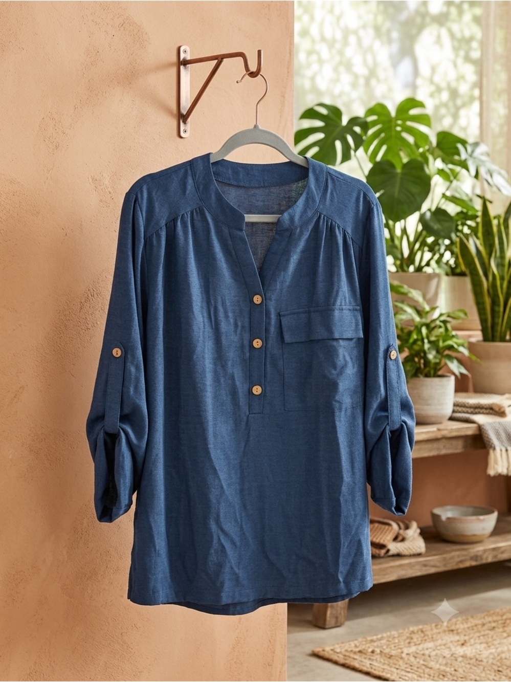 Button-Front Navy Blue Tunic Top